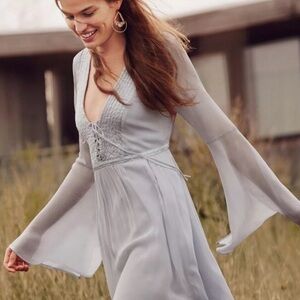 Anthropologie Ghost London Belled Gray Blue Peasant Boho Dress Tie Button Small